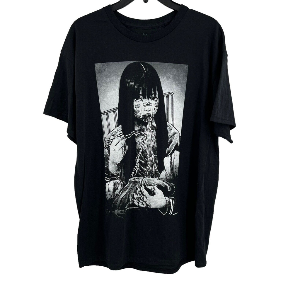 Mako‎ Crew Neck Tee Shirt Black Front Graphic Noodles Cotton Size Small